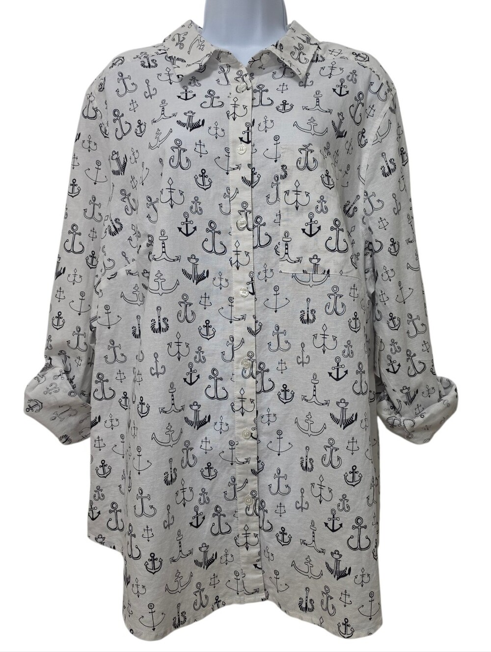 Liz Claiborne | Anchor Print Linen Blend Button Down Shirt Navy White Plus Size